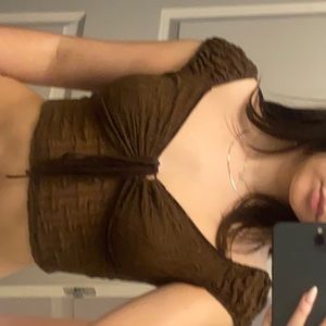 Brown Puffy Sleeve Top Tied in the Front